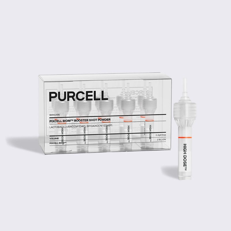 ProtoClinical k-beauty PURCELL Pixcell Biom Booster Shot Powder 0.2g X 10ea gray product graphic with a soft lavender horizontal center on a light background