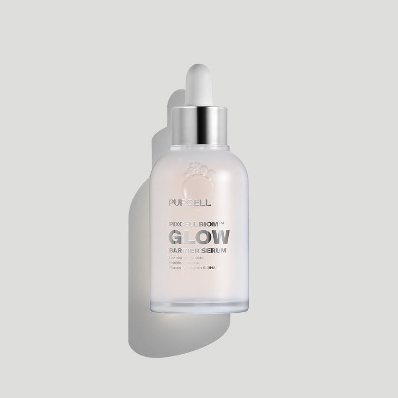 ProtoClinical k-beauty PURCELL Pixcell Biom Glow Barrier Serum 50ml abstract beauty graphic with a warm beige vertical center on a pale gray background