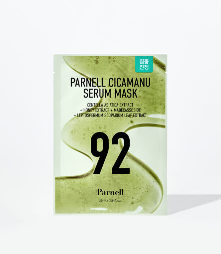 ProtoClinical k-beauty Parnell Cicamanu Serum Mask Sheet 25ml X 10ea single mask packet with a visible green sheet insert, bold black 92 text, and a white background