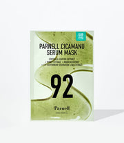 ProtoClinical k-beauty Parnell Cicamanu Serum Mask Sheet 25ml X 10ea single mask packet with a visible green sheet insert, bold black 92 text, and a white background