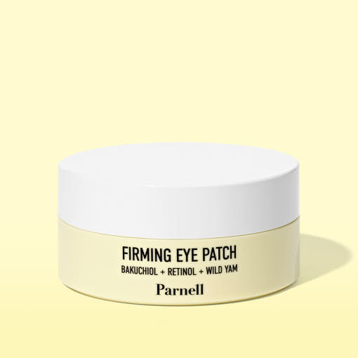ProtoClinical k-beauty Parnell Bakuchiol Retinol Wild Yam Firming Eye Patch 72g/60ea single dark eye patch jar centered on a pale yellow background