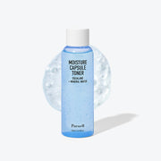 ProtoClinical k-beauty Parnell Squalane Mineral Water Moisture Capsule Toner 200ml translucent blue toner bottle standing upright in front of a clear water capsule shape on a pale cream background