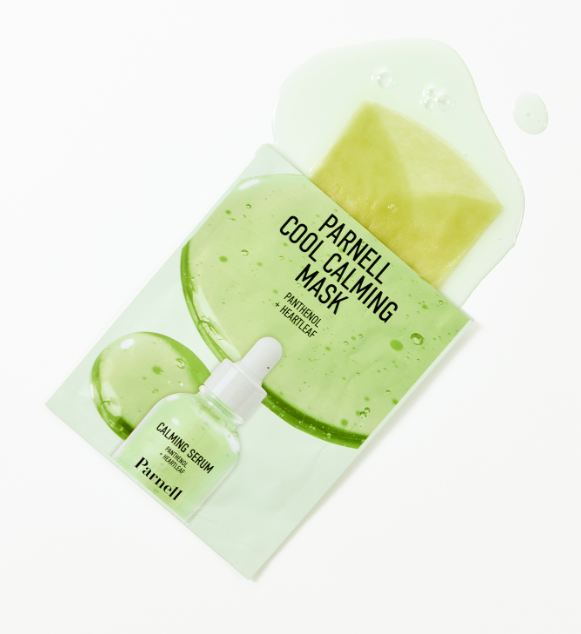 ProtoClinical k-beauty Parnell Panthenol Heartleaf Cool Calming Mask 20ml X 5ea single upright pale green package centered on a pale lavender and cream background with soft white highlights