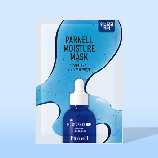 ProtoClinical k-beauty Parnell Squalane Mineral Water Moisture Mask 20ml X 10ea single upright pale blue mask packet centered on a pale blue and lavender background