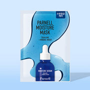 ProtoClinical k-beauty Parnell Squalane Mineral Water Moisture Mask 20ml X 10ea single upright pale blue mask packet centered on a pale blue and lavender background