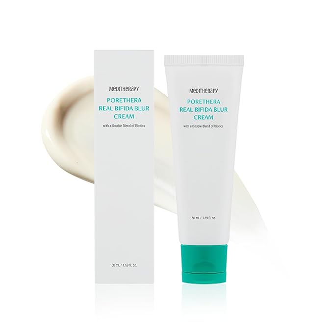 ProtoClinical k-beauty MEDITHERAPY Porethera Real Bifida Blur Cream 50ml in pale blue and gray packaging shown as a single product silhouette on a light background