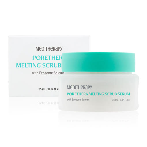 ProtoClinical k-beauty MEDITHERAPY Porethera Melting Scrub Serum 25ml aqua bottle silhouette with soft green side shading on a light background.
