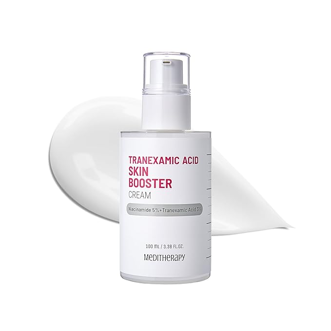 ProtoClinical k-beauty MEDITHERAPY Tranexamic Acid Skin Booster Cream 100ml slim gray bottle centered on a pale lavender and white background