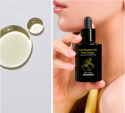 ProtoClinical k-beauty warm brown beauty bottle silhouette with pale blue and peach side tones on a light background.
