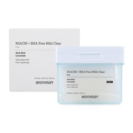 ProtoClinical k-beauty MEDITHERAPY NIACIN X BHA Pore Mild Clear Pad 180ml/60ea shown as paired pale gray product silhouettes on a light background