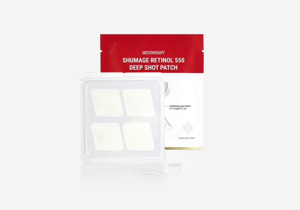 ProtoClinical k-beauty MEDITHERAPY Shumage Retinol 550 Deep Shot Patch 4patches (32mm X 38mm) pale patch packaging graphic with a soft pink vertical center on a light background
