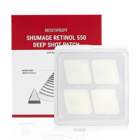 ProtoClinical k-beauty MEDITHERAPY Shumage Retinol 550 Deep Shot Patch 4patches (32mm X 38mm) single rose patch packaging graphic with a soft taupe center on a white background