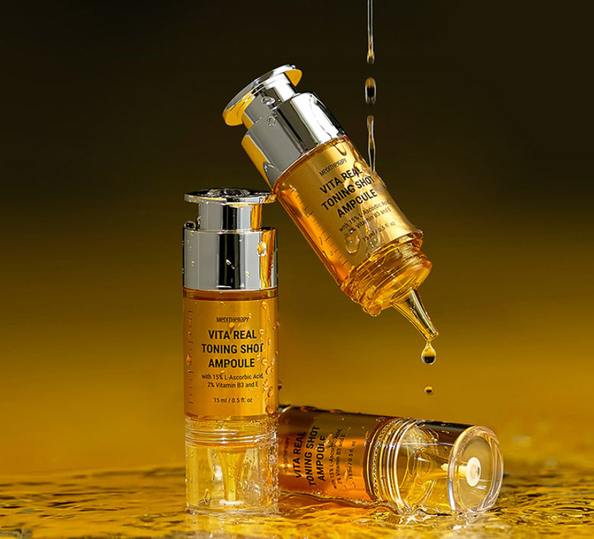 ProtoClinical k-beauty MEDITHERAPY Vita Real Toning Shot Ampoule 15ml dark editorial product graphic with a warm amber glow on a black background
