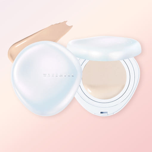 ProtoClinical k-beauty WAKEMAKE Water Glow Coating Cushion SPF50+ PA++++ 11g (4colors) open white cushion compact beside its lid with a beige swatch on a soft peach background