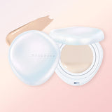 ProtoClinical k-beauty WAKEMAKE Water Glow Coating Cushion SPF50+ PA++++ 11g (4colors) open white cushion compact beside its lid with a beige swatch on a soft peach background
