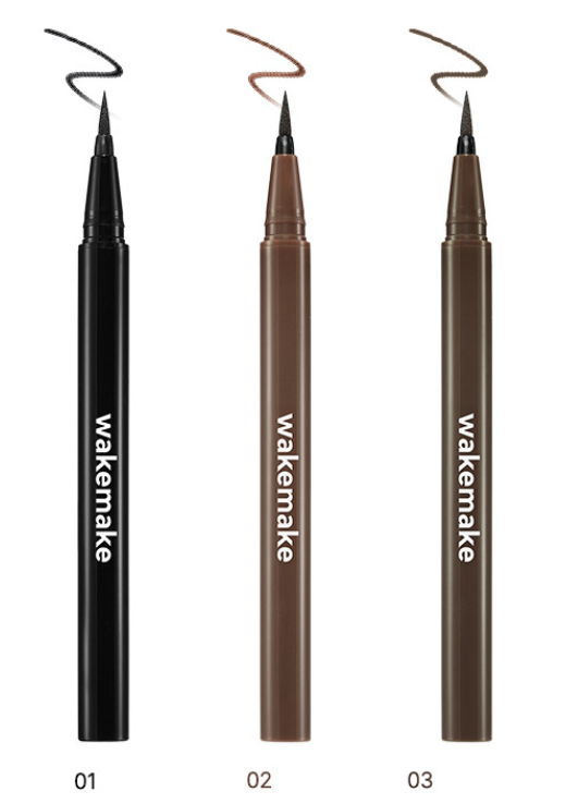 ProtoClinical k-beauty WAKEMAKE Any Proof Pen Eyeliner 0.5g (3colors) tall vertical eyeliner detail graphic with warm gray and peach product tones