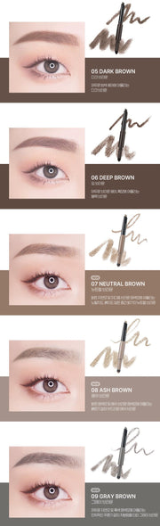 ProtoClinical k-beauty WAKEMAKE Powder Jet Dual Brow 0.2g+0.4g (5colors) tall vertical dual brow detail graphic with beige and brown shade blocks
