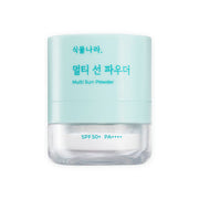 ProtoClinical k-beauty SHINGMULNARA: Multi Sun Powder SPF+ Pa (4g) single centered pale blue sun powder compact on a light aqua background.