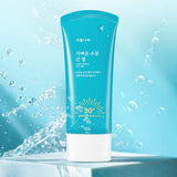ProtoClinical k-beauty Shingmulnara Light Watery Sun Gel SPF50+ PA++++ 60ml+60ml single upright aqua sun gel tube centered on a light aqua background.