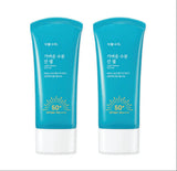 ProtoClinical k-beauty Shingmulnara Light Watery Sun Gel SPF50+ PA++++ 60ml+60ml two dark aqua sun gel tubes side by side with a bright aqua center on a light background.
