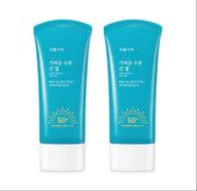 ProtoClinical k-beauty Shingmulnara Light Watery Sun Gel SPF50+ PA++++ 60ml+60ml two dark aqua sun gel tubes side by side with a bright aqua center on a light background.
