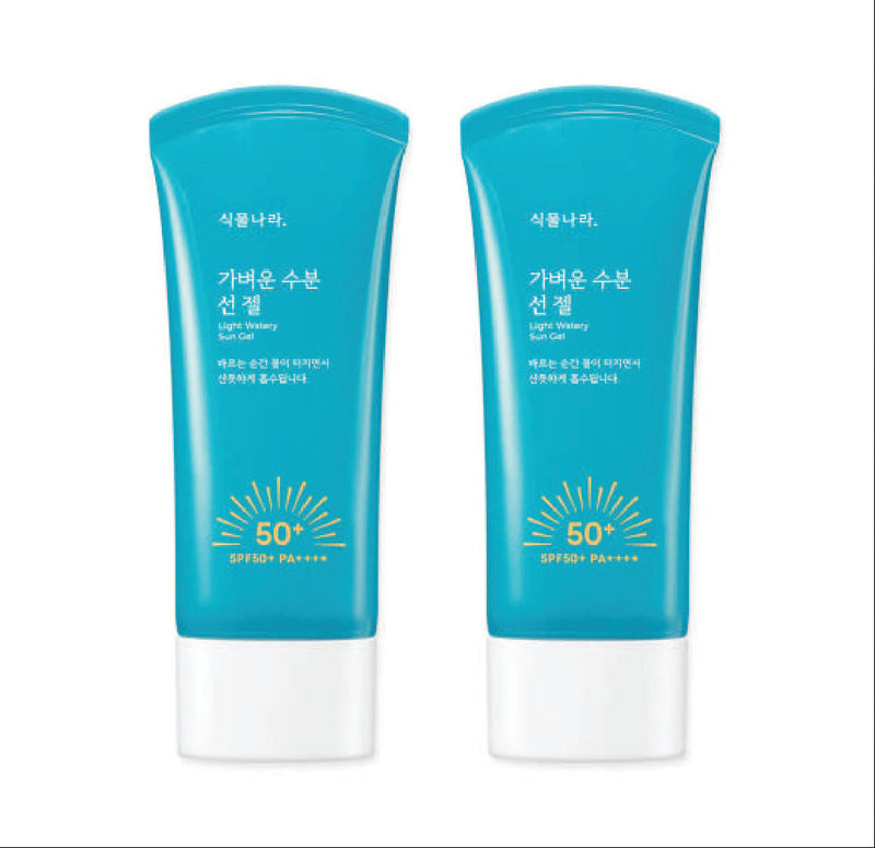 ProtoClinical k-beauty Shingmulnara Light Watery Sun Gel SPF50+ PA++++ 60ml+60ml two dark aqua sun gel tubes side by side with a bright aqua center on a light background.