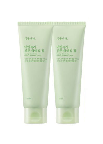 ProtoClinical k-beauty Shingmulnara Young Green Tea Fresh Cleansing Foam 120ml+120ml single upright pale green cleansing foam tube on a light background.