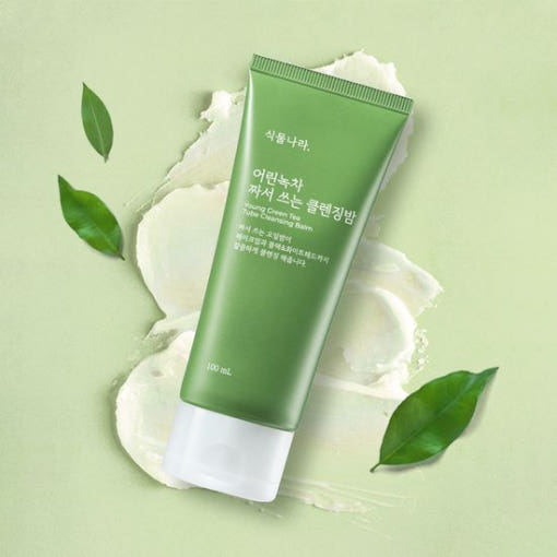 ProtoClinical k-beauty Shingmulnara Young Green Tea Tube Cleansing Balm 100ml single upright green cleansing balm tube with pale yellow and soft pink side accents on a light background.