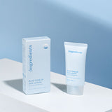 ProtoClinical k-beauty soft blue beauty graphic with muted gray vertical shapes and a pale pink lower-left accent on a light background.
