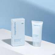 ProtoClinical k-beauty soft blue beauty graphic with muted gray vertical shapes and a pale pink lower-left accent on a light background.