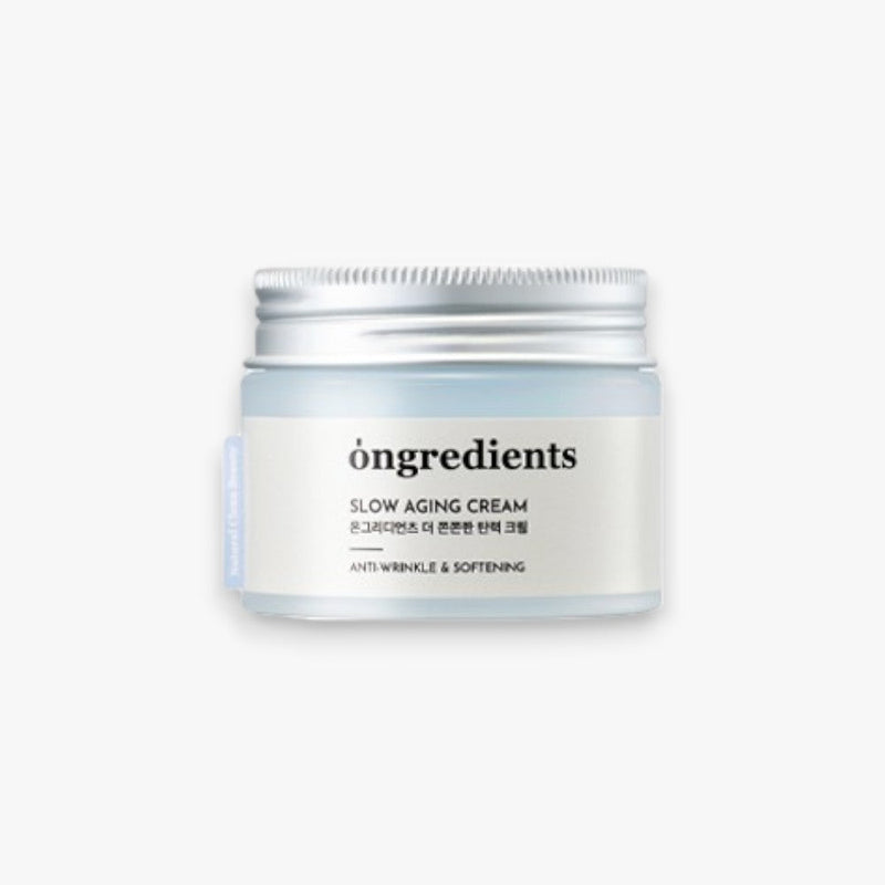 ProtoClinical k-beauty ongredients Slow Aging Cream 50ml in a light blue cream jar with a silver lid, front-facing on a pale gray background