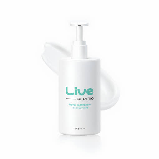 ProtoClinical k-beauty [Live orals] Repetio Pumping Toothpaste (Rosemary Mint) 300g in a single upright white pump bottle with turquoise lettering and a white toothpaste swirl on a light background
