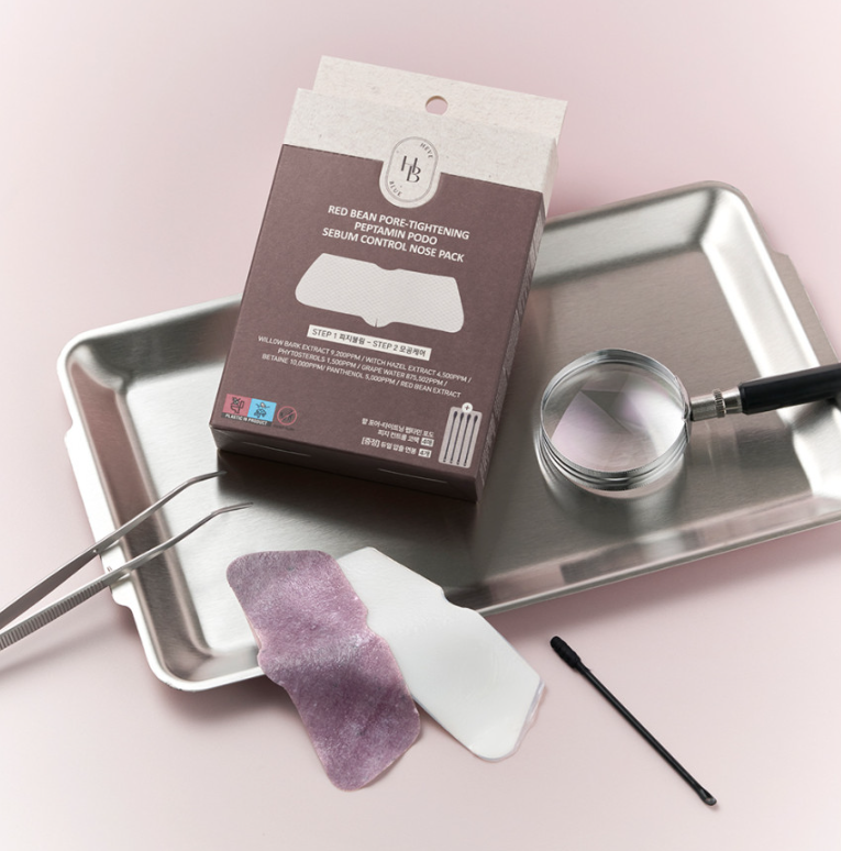 HEVEBLUE Red Bean Pore-Tightening Peptamin Podo Sebum Control Nose Pack (4sheets) by ProtoClinical shown in a clean product packaging image on a white background for a k-beauty skincare routine.
