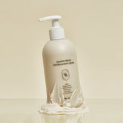 ProtoClinical k-beauty pale beige beauty graphic with soft blue side accents on a light background.