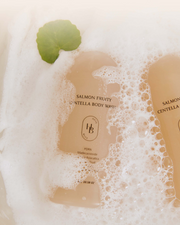 ProtoClinical k-beauty warm beige beauty graphic with a taupe vertical center and soft peach side tones on a light background.
