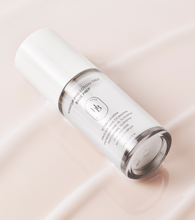 ProtoClinical k-beauty HEVEBLUE Makeup Pro Ectoin Tree Base Prep 30ml soft pink package silhouette with olive-gray side accents on a light cream background
