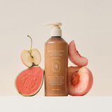 ProtoClinical k-beauty HEVEBLUE Salmon Pullkeratin Centella Hair Treatment 300ml single upright peach-orange bottle centered on a pale blue background.