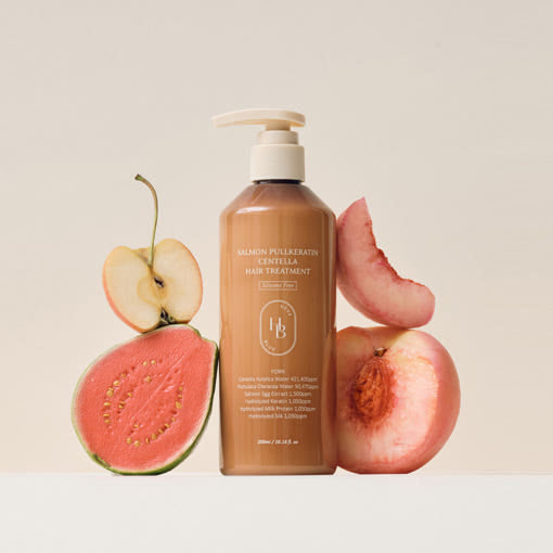 ProtoClinical k-beauty HEVEBLUE Salmon Pullkeratin Centella Hair Treatment 300ml single upright peach-orange bottle centered on a pale blue background.