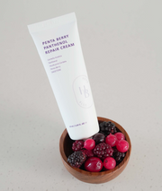 ProtoClinical k-beauty HEVEBLUE Penta Berry Panthenol Repair Cream 50ml shown as a deep brown beauty compact on a pale gray and blush background