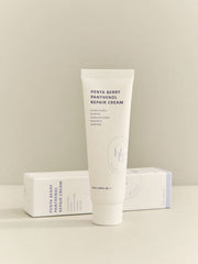 ProtoClinical k-beauty HEVEBLUE Penta Berry Panthenol Repair Cream 50ml shown as a single deep brown beauty compact centered on a pale gray and blush background