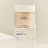 ProtoClinical k-beauty HEVEBLUE Penta Berry Panthenol Repair Peel Pad 160ml/70ea warm beige bottle silhouette on a pale cream background