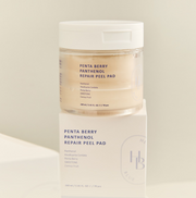 ProtoClinical k-beauty HEVEBLUE Penta Berry Panthenol Repair Peel Pad 160ml/70ea warm beige bottle silhouette on a pale cream background