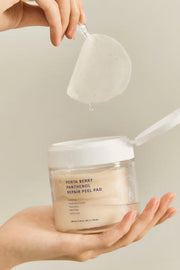 ProtoClinical k-beauty HEVEBLUE Penta Berry Panthenol Repair Peel Pad 160ml/70ea warm beige beauty graphic with a soft brown horizontal band and pale gray lower edge