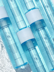 ProtoClinical k-beauty cyan beauty graphic with stacked teal horizontal bands on a pale background.