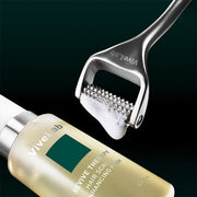 ProtoClinical k-beauty dark green beauty product silhouette with a pale vertical center on a dark background.