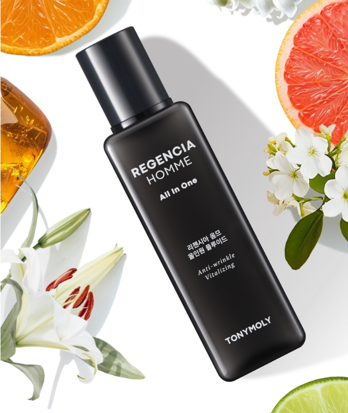ProtoClinical k-beauty TONYMOLY Regencia Homme All In One Fluid 150ml single upright mauve-gray bottle centered on a blush background.