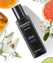 ProtoClinical k-beauty TONYMOLY Regencia Homme All In One Fluid 150ml single upright mauve-gray bottle centered on a blush background.