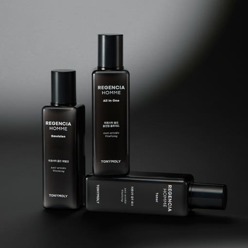 TONYMOLY Regencia Homme Skincare SET by ProtoClinical shown as men's skincare product packaging on a light background for a k-beauty routine.