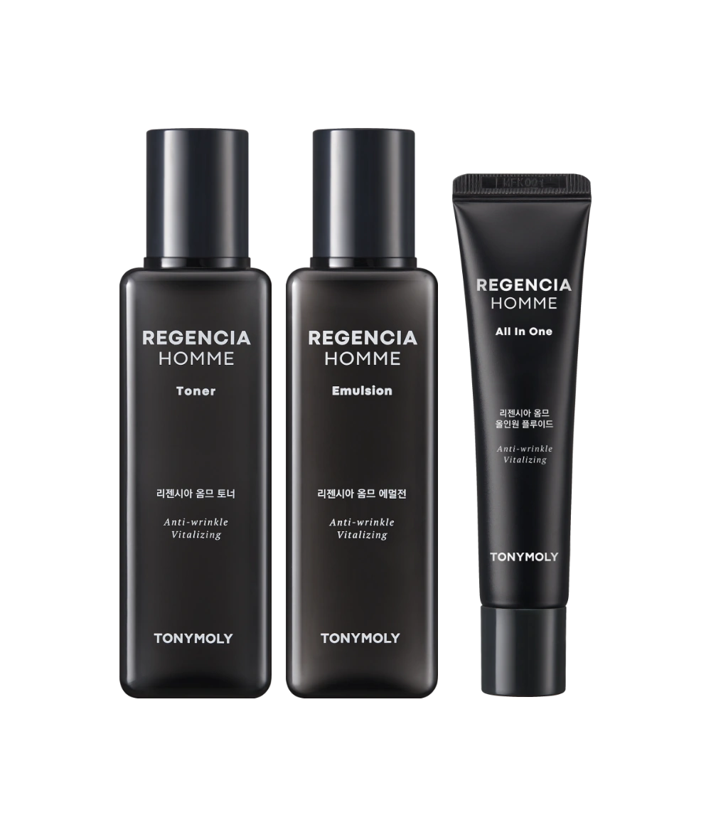 TONYMOLY Regencia Homme Skincare SET by ProtoClinical shown as men's skincare set packaging on a light background for a k-beauty routine.