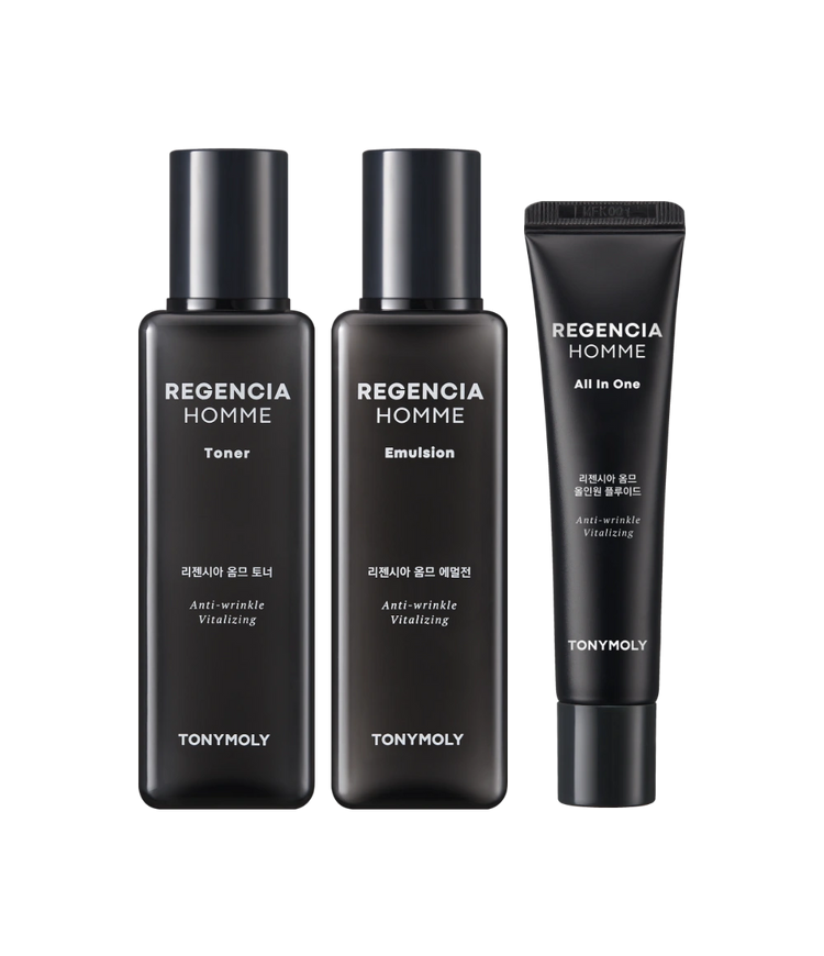 TONYMOLY Regencia Homme Skincare SET by ProtoClinical shown as men's skincare set packaging on a light background for a k-beauty routine.